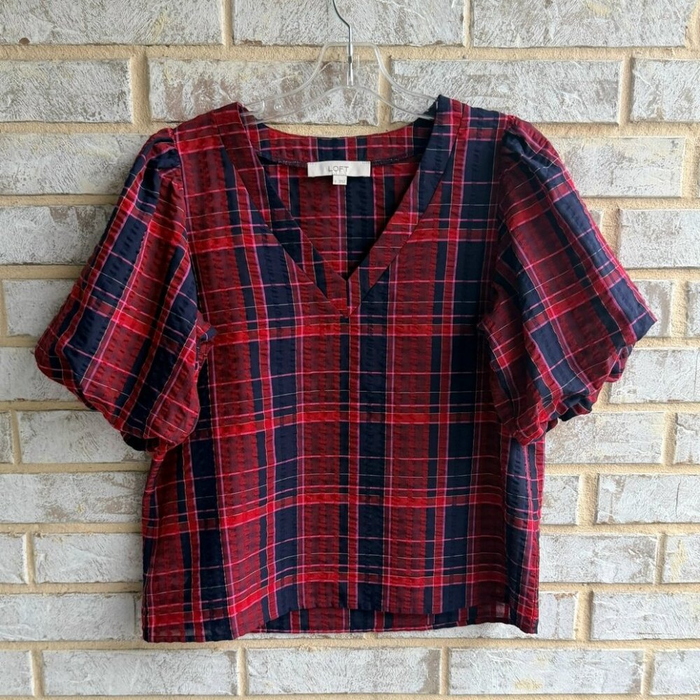LOFT Short Balloon Sleeve V-Neck Red/Blue Plaid Crop Blouse Size S.
